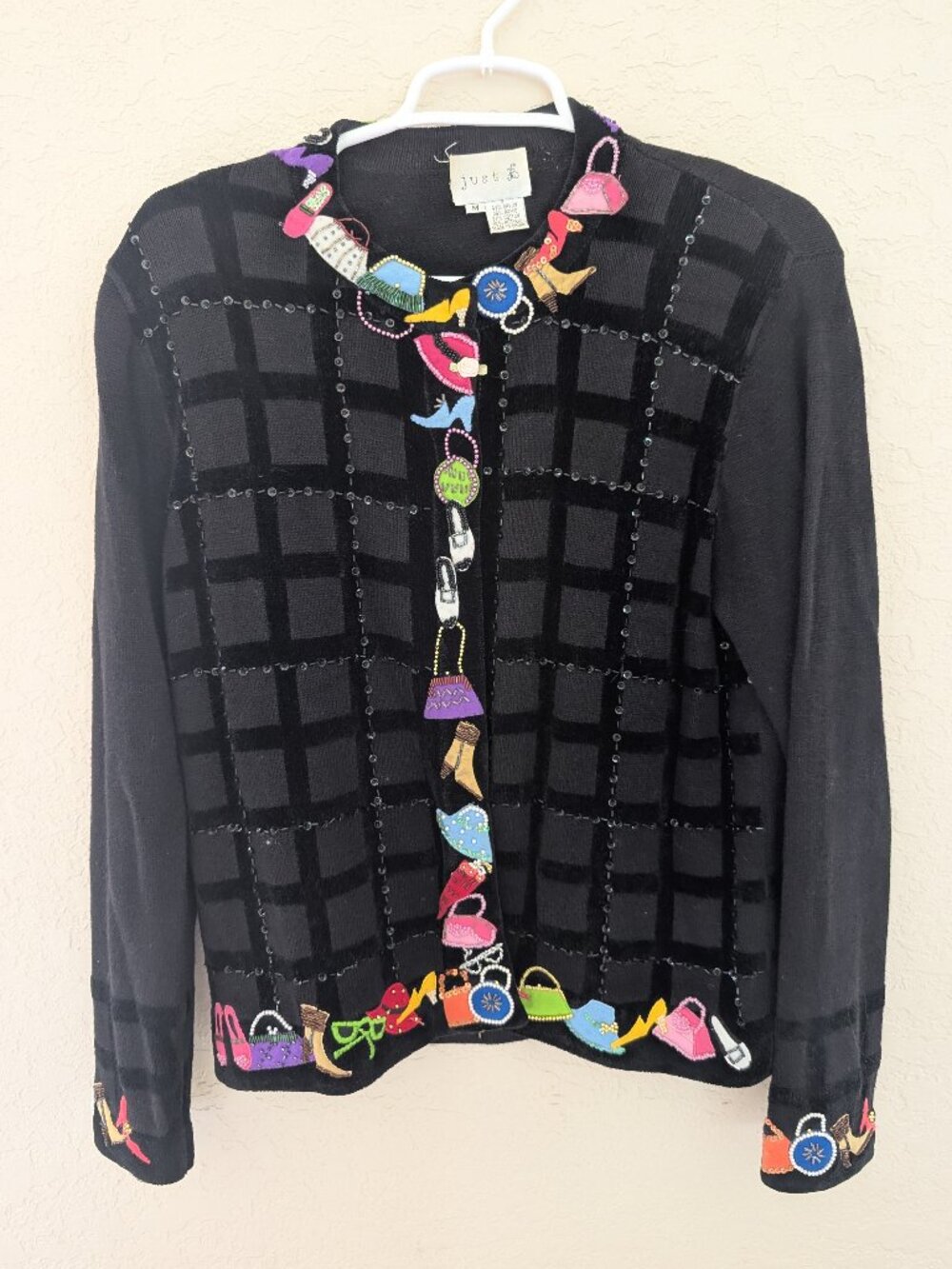 Vintage Just B Rayon Cotton Purse Embroidered Beaded Cardigan Size M
